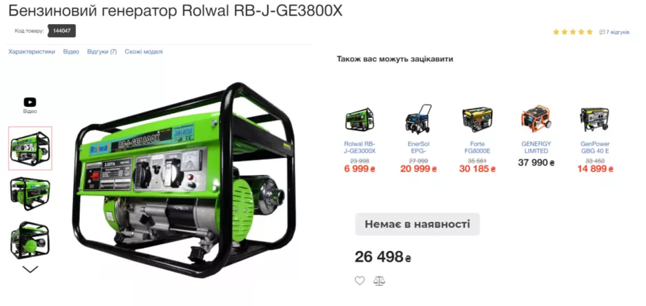 Ціна на новий генератор Rolwel RB-J-GE3800X.