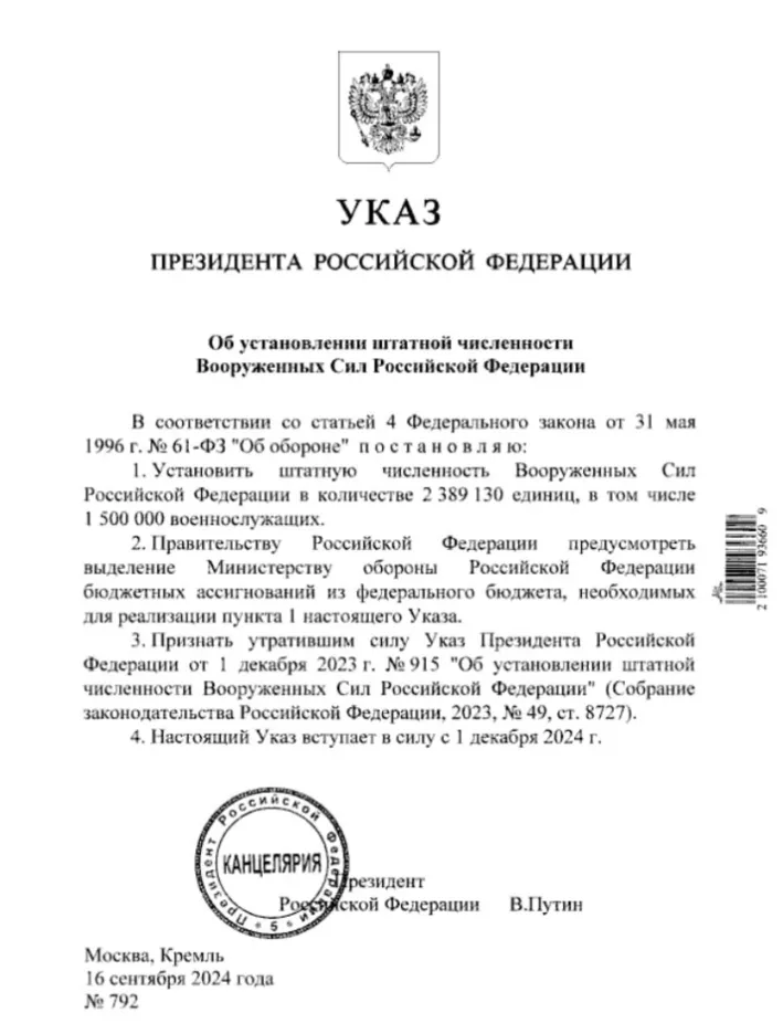 Путін видав щодо збільшення чисельності військ