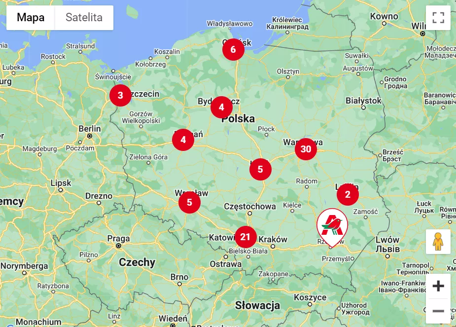 Розташування магазинів Аuchan у Польщі.