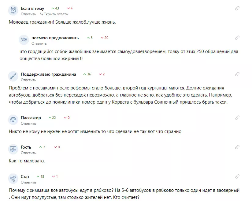 Коментарі жителів Кургана щодо роботи громадського транспорту.