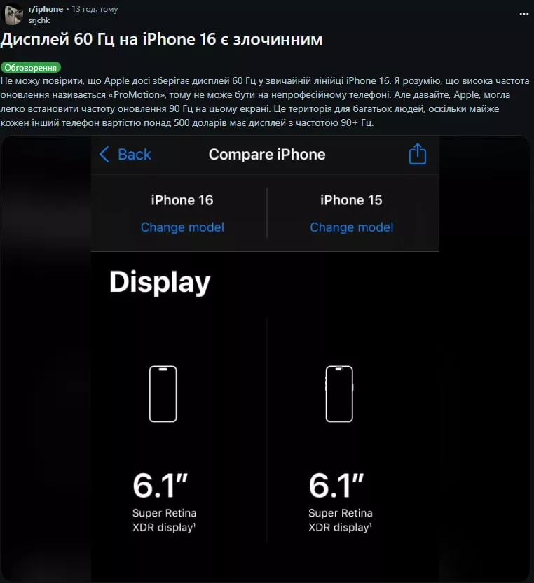Коментар користувача Reddit щодо використання 60 Гц в iPhone 16.