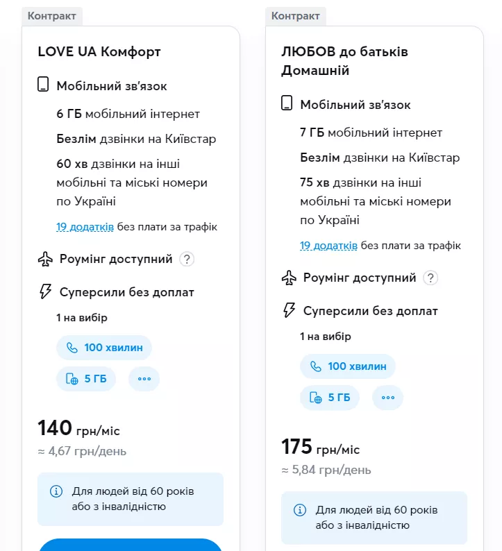 Тарифи від Київстару для пенсіонерів.
